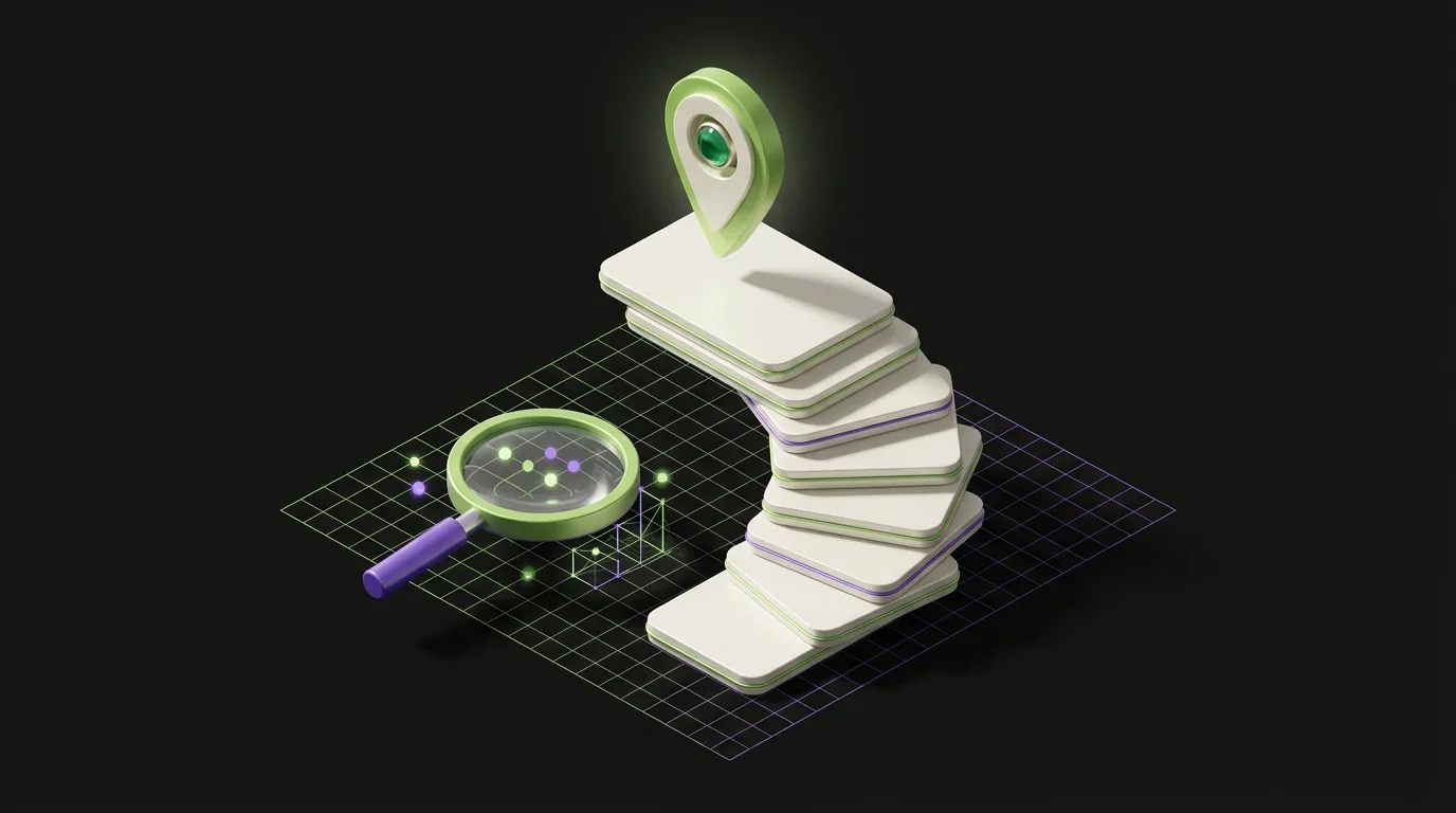Isometric illustration of search results, a map pin and a magnifier